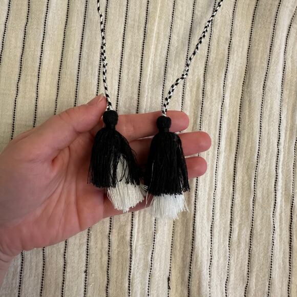 Joie Striped Tassel Tie Top Womens M Ivory Black V-Neck Short Sleeve Blouse - Picture 5 of 7